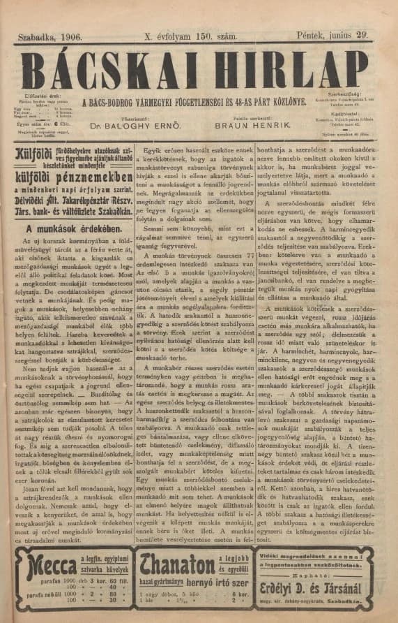 Bácskai Hirlap, 10. évf. 1906. június 29. 150. sz.