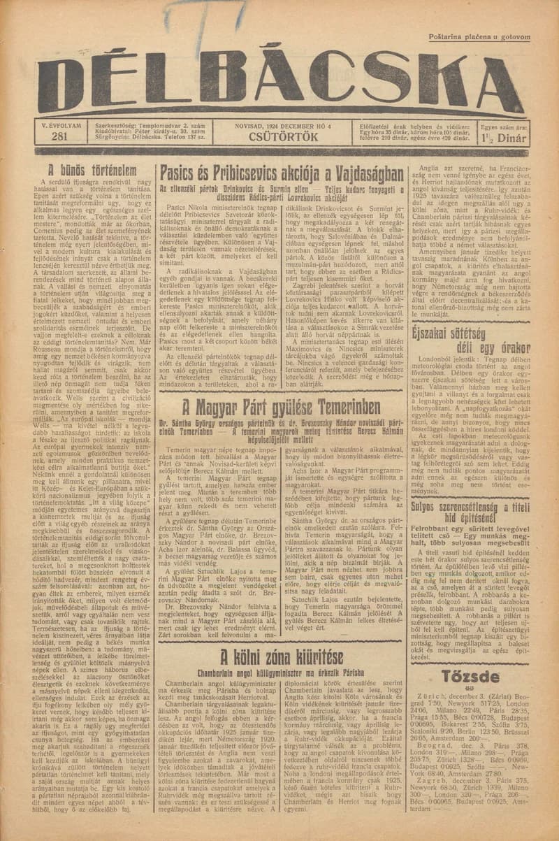 Délbácska, 5. évf. 1924. december 4. 281. sz.
