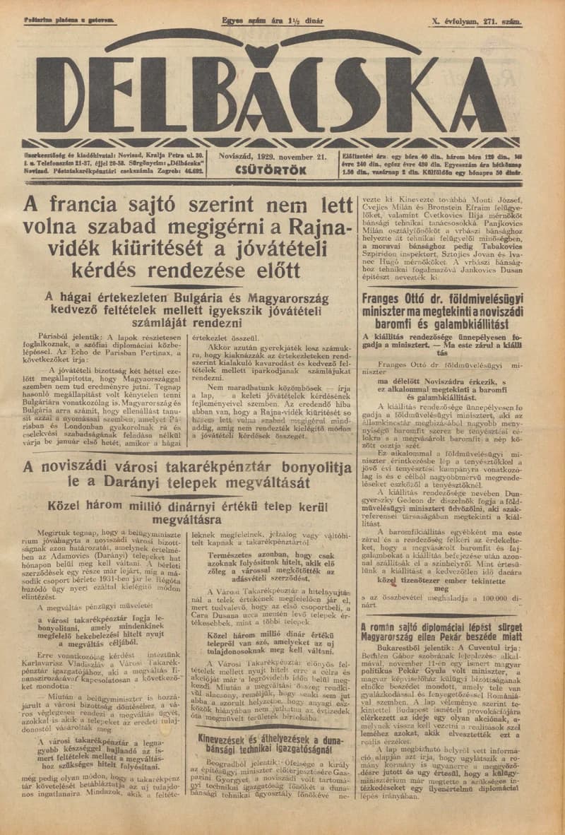 Délbácska, 10. évf. 1929. november 21. 271. sz.
