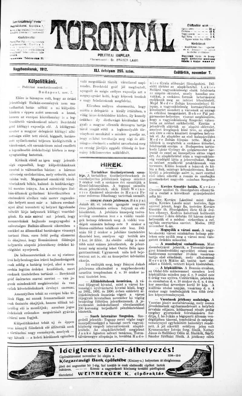 Torontál, 41. évf. 1912. november 7. 255. sz.