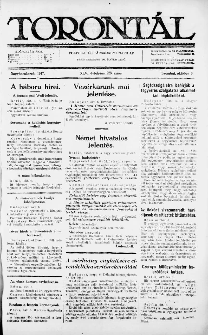 Torontál, 46. évf. 1917. október 6. 228. sz.