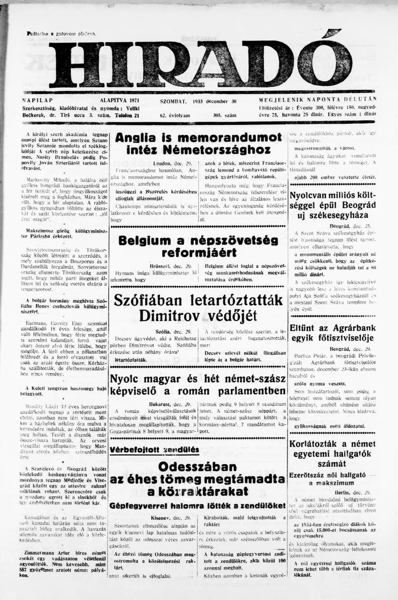 Híradó, 62. évf. 1933. december 30. 305. sz.