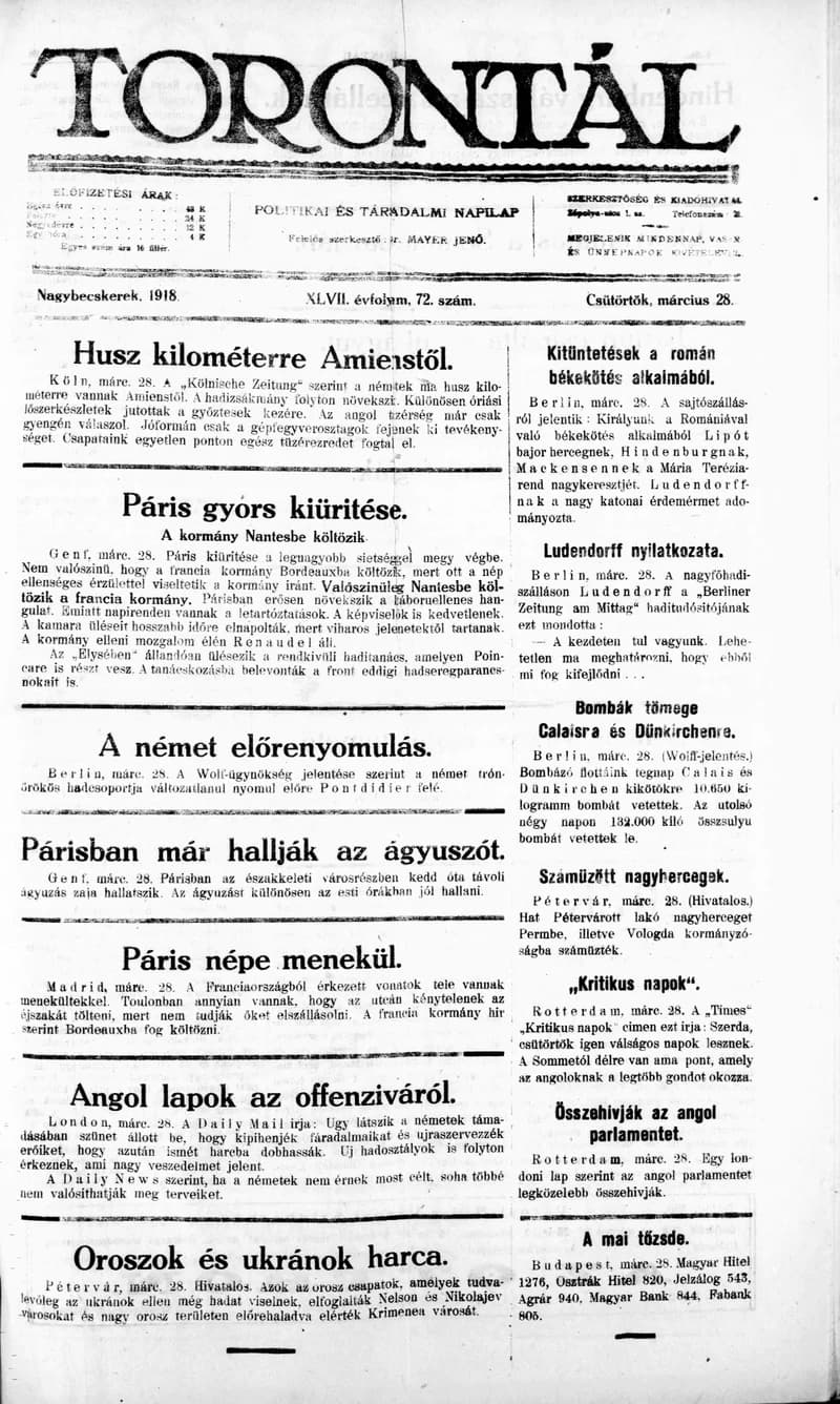 Torontál, 47. évf. 1918. március 28. 72. sz.