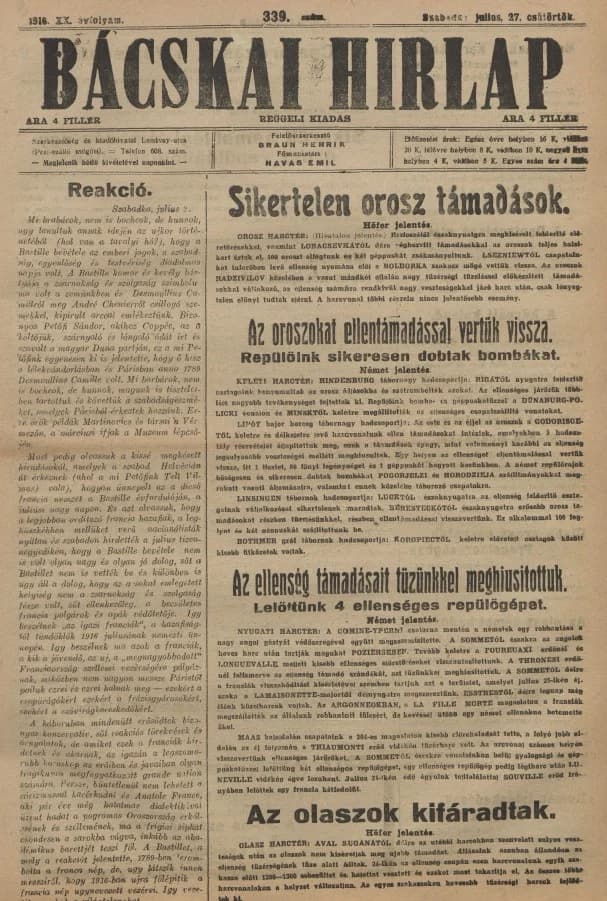 Bácskai Hirlap, 20. évf. 1916. július 26. 339. sz.