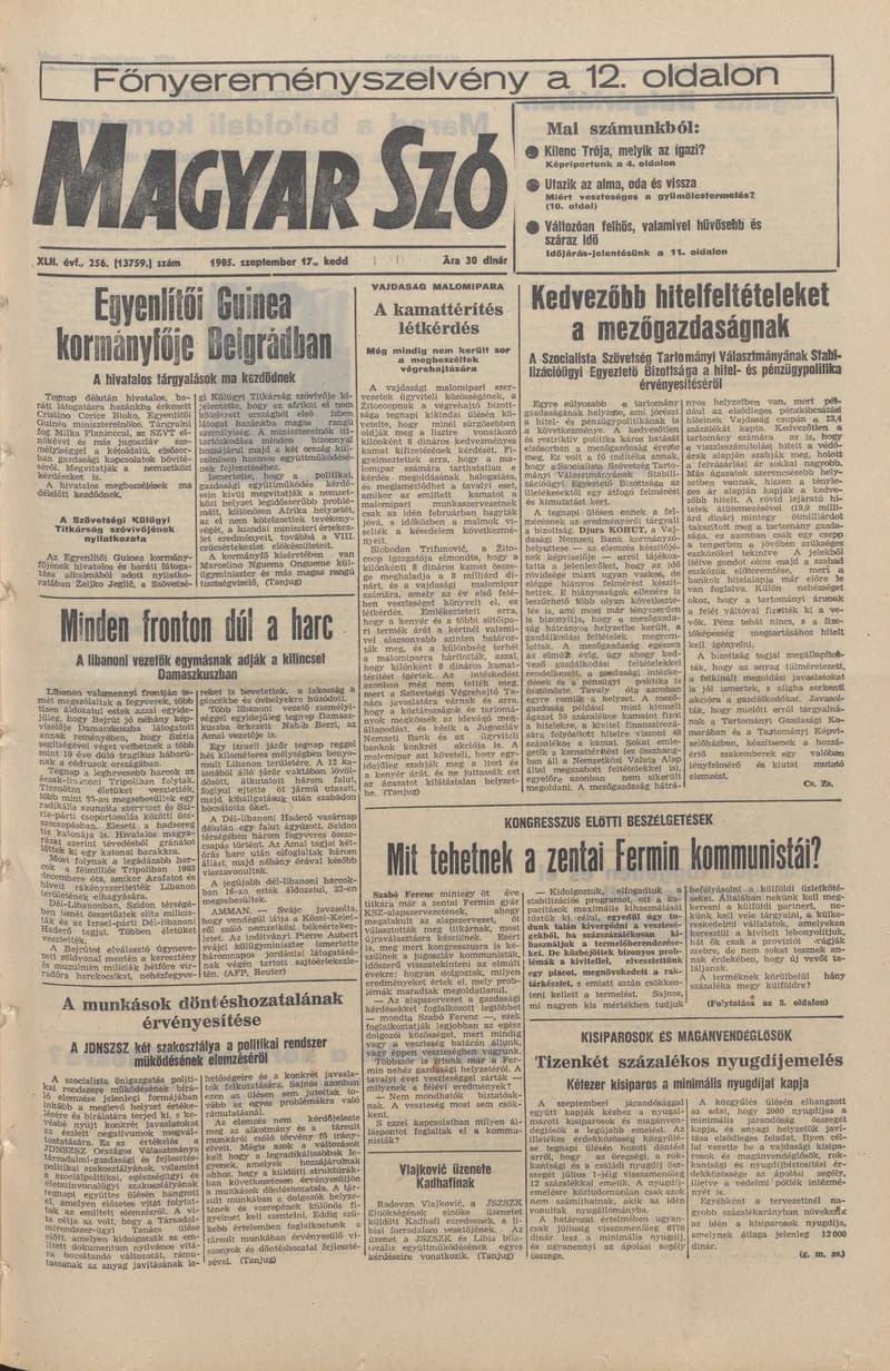 Magyar Szó, 42. évf. 1985. szeptember 17. 256. sz. 1–20. oldal