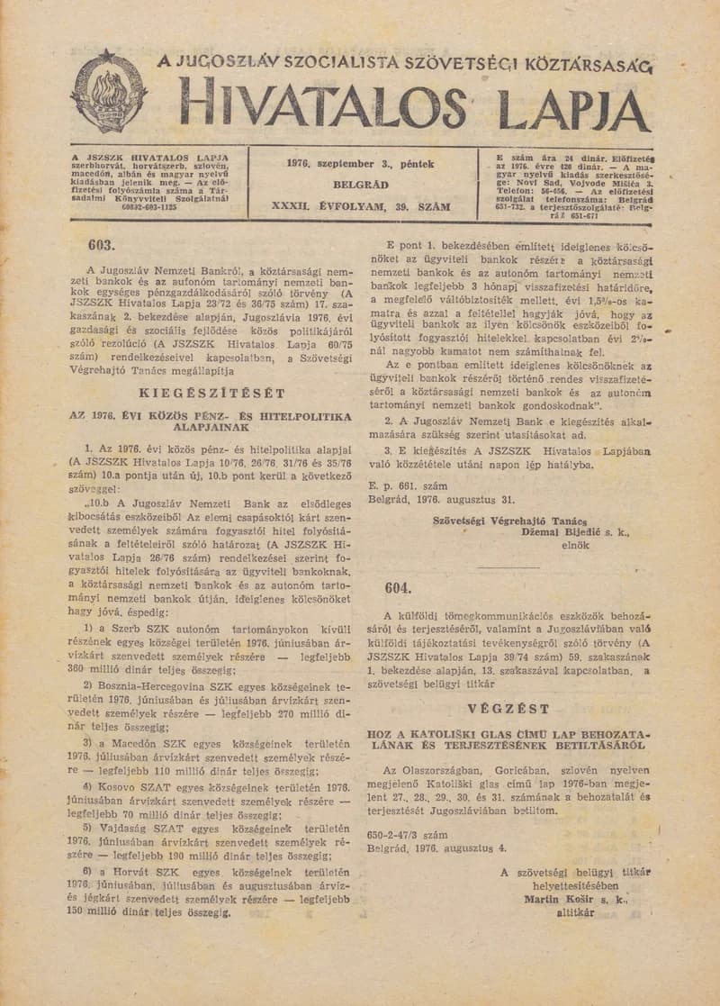 A Jugoszláv Szocialista Szövetségi Köztársaság Hivatalos Lapja, 32. évf. 1976. szeptember 3. 39. sz. 1153–1248. oldal