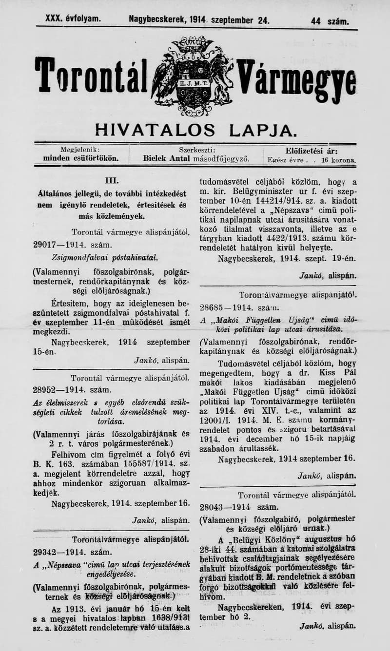 Torontál Vármegye Hivatalos Lapja, 30. évf. 1914. szeptember 24. 44. sz.