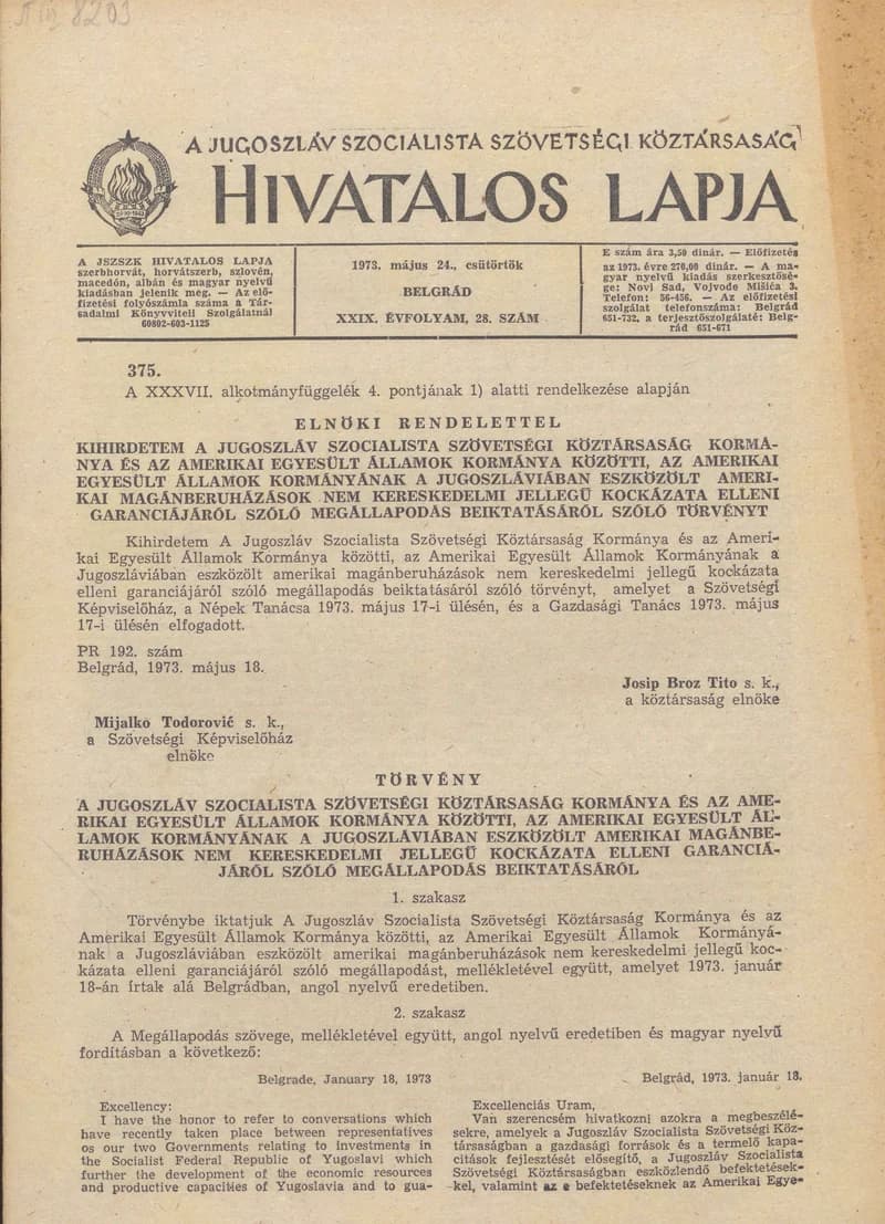 A Jugoszláv Szocialista Szövetségi Köztársaság Hivatalos Lapja, 29. évf. 1973. május 24. 28. sz. 905–924. oldal