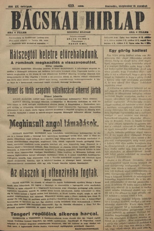 Bácskai Hirlap, 20. évf. 1916. szeptember 16. 423. sz.
