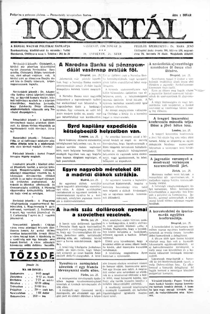Torontál, 59. évf. 1930. január 26. 21. sz.
