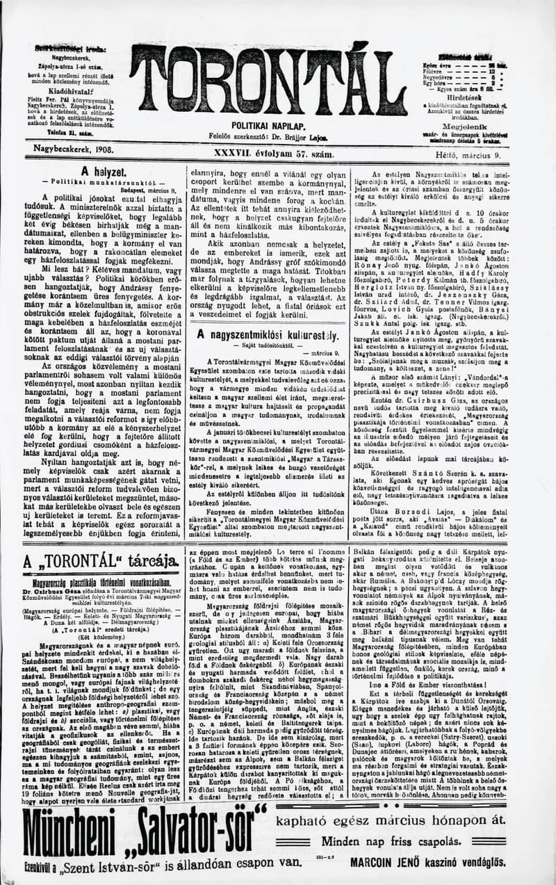 Torontál, 37. évf. 1908. március 9. 57. sz.