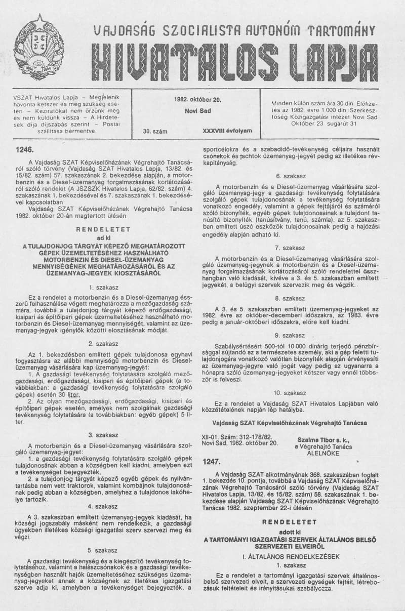 Vajdaság Szocialista Autonóm Tartomány Hivatalos Lapja, 38. évf. 1982. október 20. 30. sz.