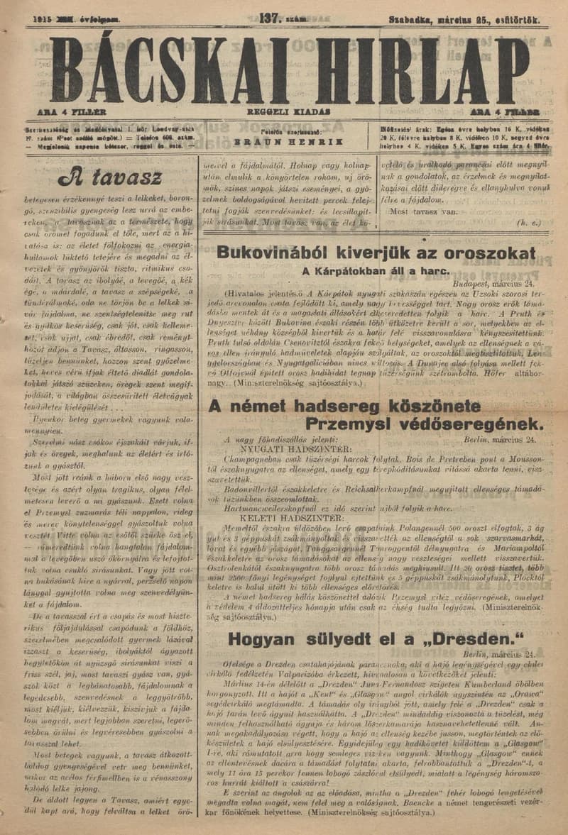 Bácskai Hirlap, 19. évf. 1915. március 25. 137. sz.