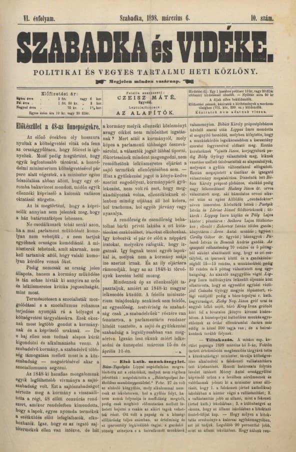 Szabadka és vidéke II, 6. évf. 1898. március 6. 10. sz.