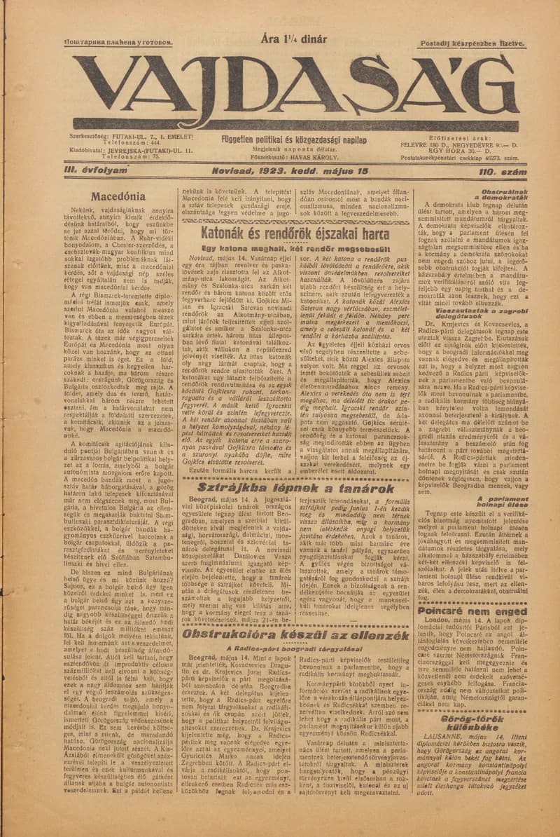 Vajdaság, 3. évf. 1923. május 15. 110. sz.