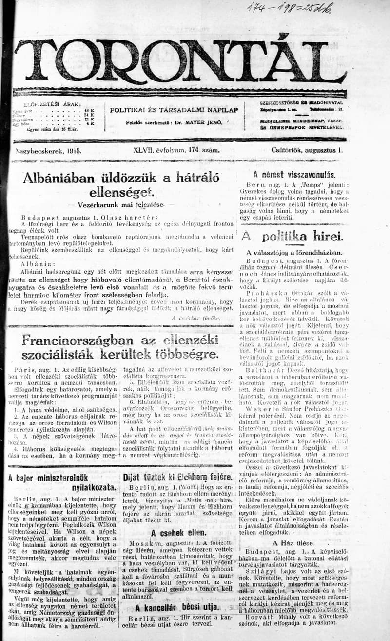 Torontál, 47. évf. 1918. augusztus 1. 174. sz.