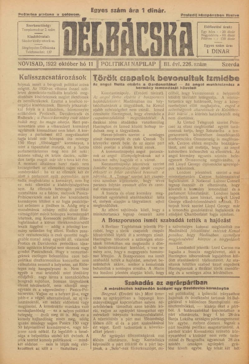 Délbácska, 3. évf. 1922. október 11. 226. sz.