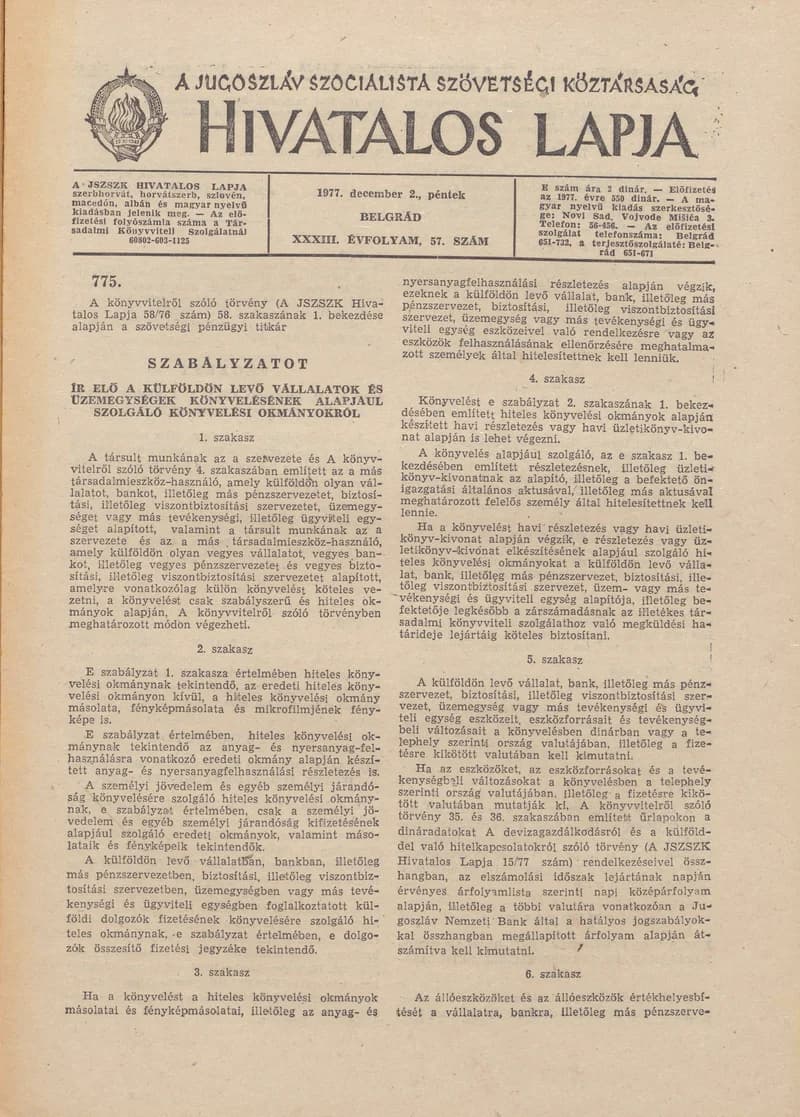 A Jugoszláv Szocialista Szövetségi Köztársaság Hivatalos Lapja, 33. évf. 1977. december 2. 57. sz. 1989–1996. oldal