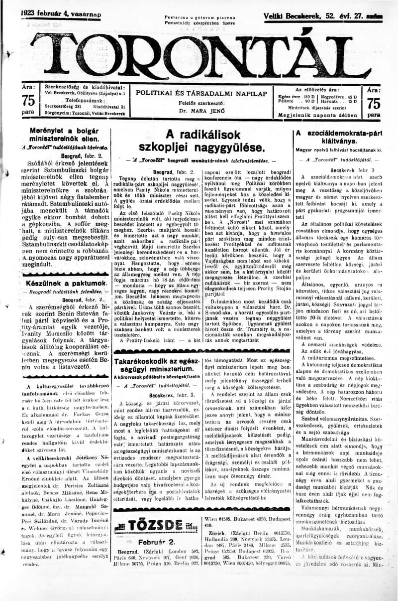 Torontál, 52. évf. 1923. február 4. 27. sz.
