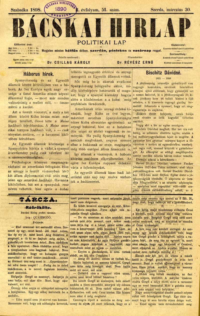 Bácskai Hirlap, 2. évf. 1898. március 30. 51. sz. 1–4. oldal