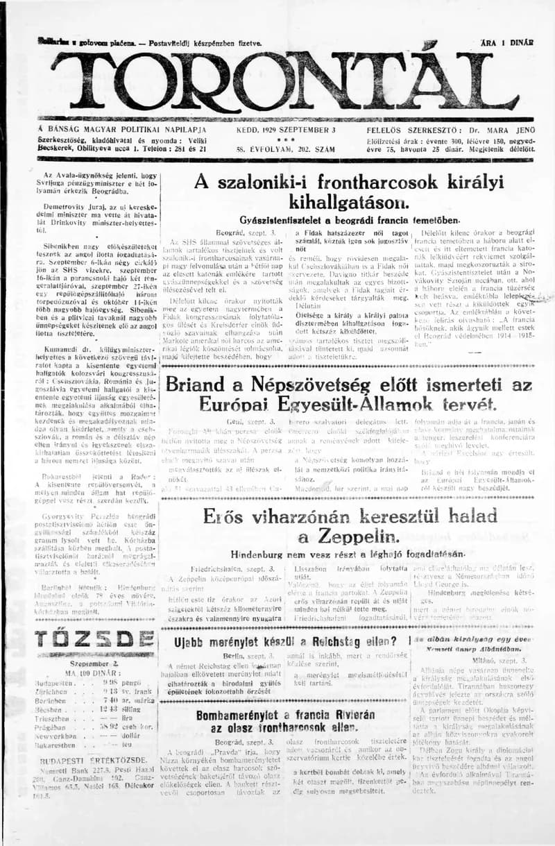 Torontál, 58. évf. 1929. szeptember 3. 202. sz.