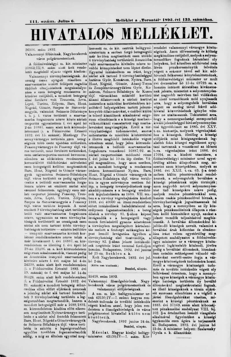 A Totontál  hivatalos melléklete, 5. évf. 1892. július 6. 111. sz.