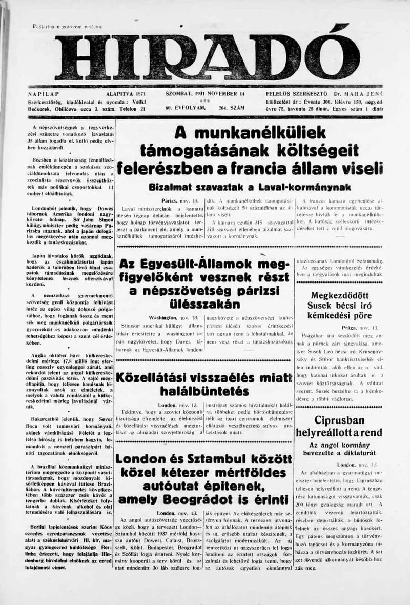 Híradó, 60. évf. 1931. november 14. 264. sz.