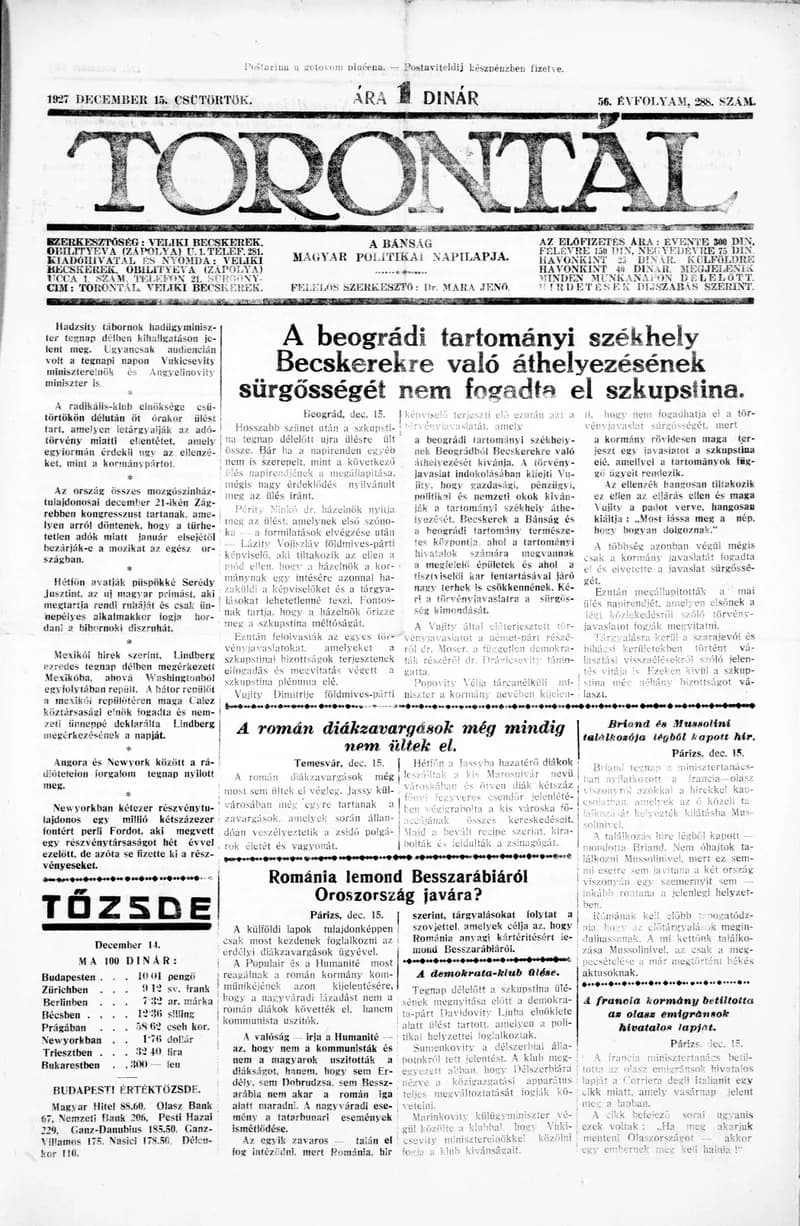 Torontál, 56. évf. 1927. december 15. 288. sz.