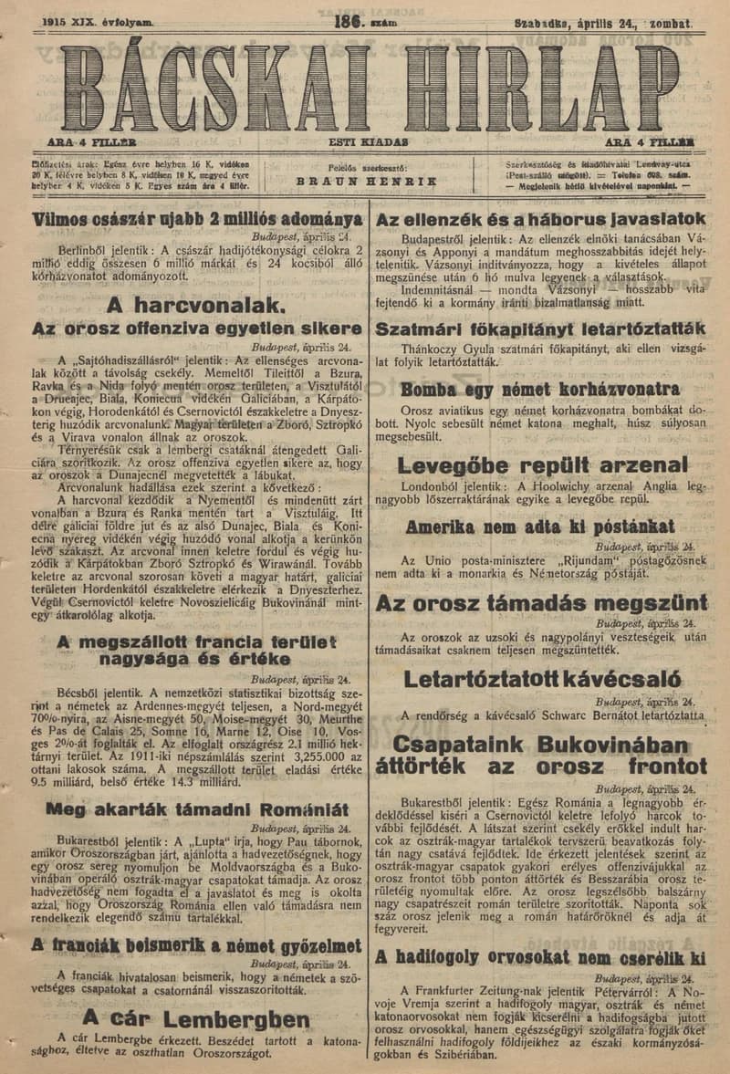 Bácskai Hirlap, 19. évf. 1915. április 24. 186. sz.