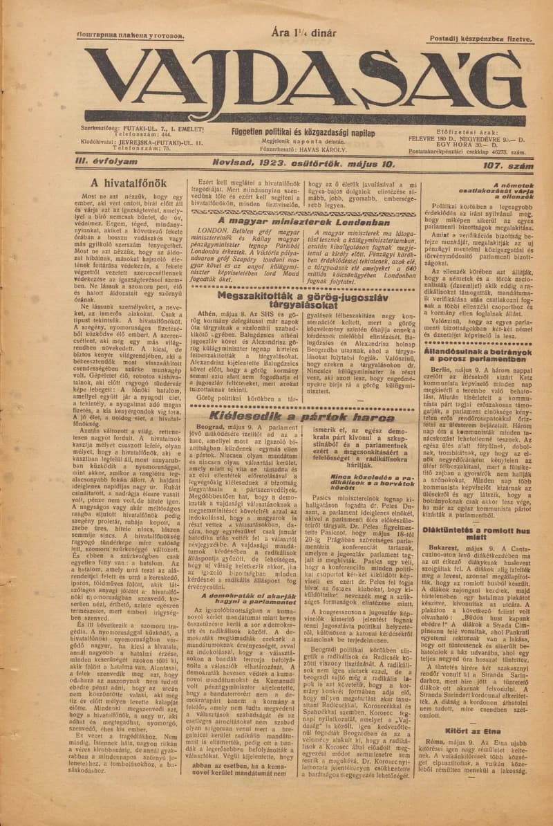 Vajdaság, 3. évf. 1923. május 10. 107. sz.