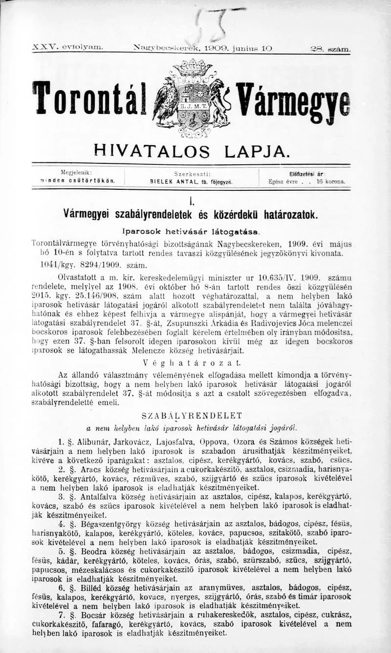 Torontál Vármegye Hivatalos Lapja, 25. évf. 1909. június 10. 28. sz.