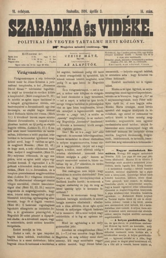 Szabadka és vidéke II, 6. évf. 1898. április 3. 14. sz.