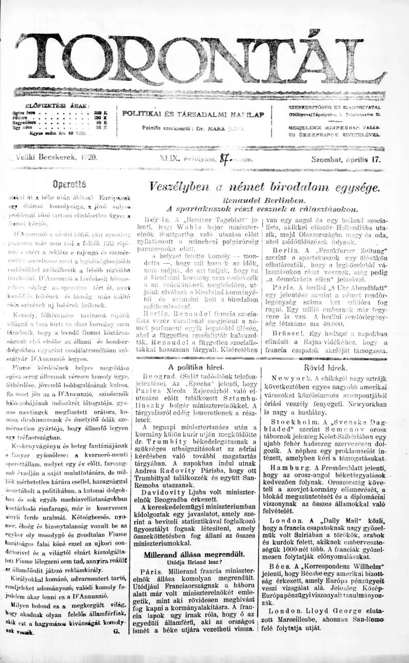 Torontál, 49. évf. 1920. április 17. 87. sz.