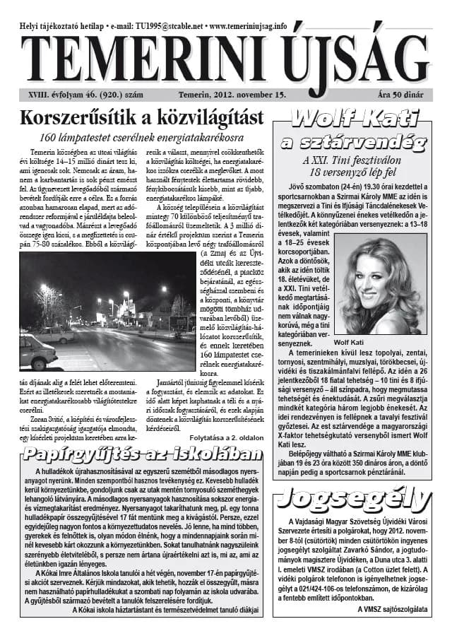 Temerini Újság, 18. évf. 2012. november 15. 46. sz.