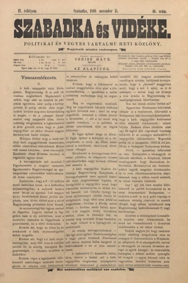 Szabadka és vidéke II, 4. évf. 1896. november 15. 46. sz.
