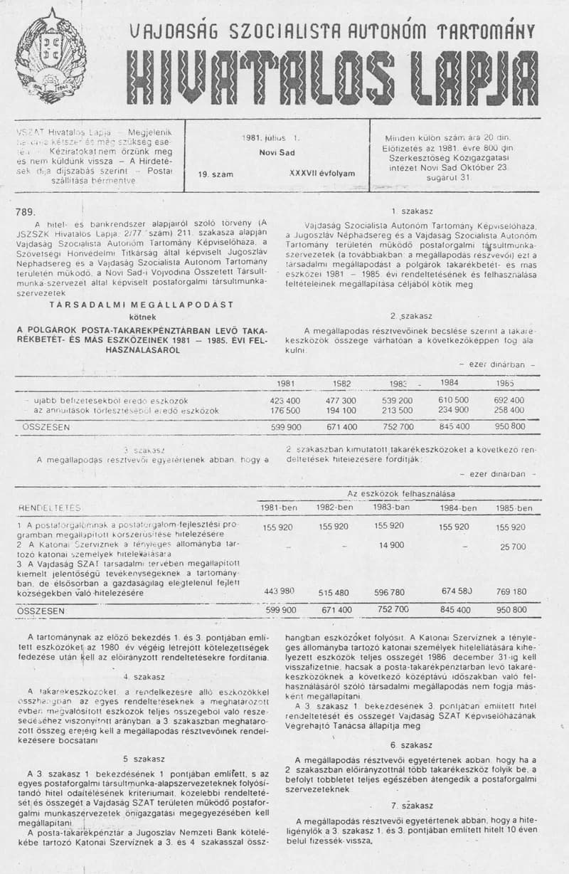 Vajdaság Szocialista Autonóm Tartomány Hivatalos Lapja, 37. évf. 1981. július 1. 19. sz.