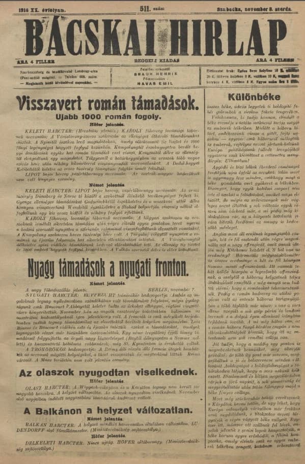 Bácskai Hirlap, 20. évf. 1916. november 8. 511. sz.