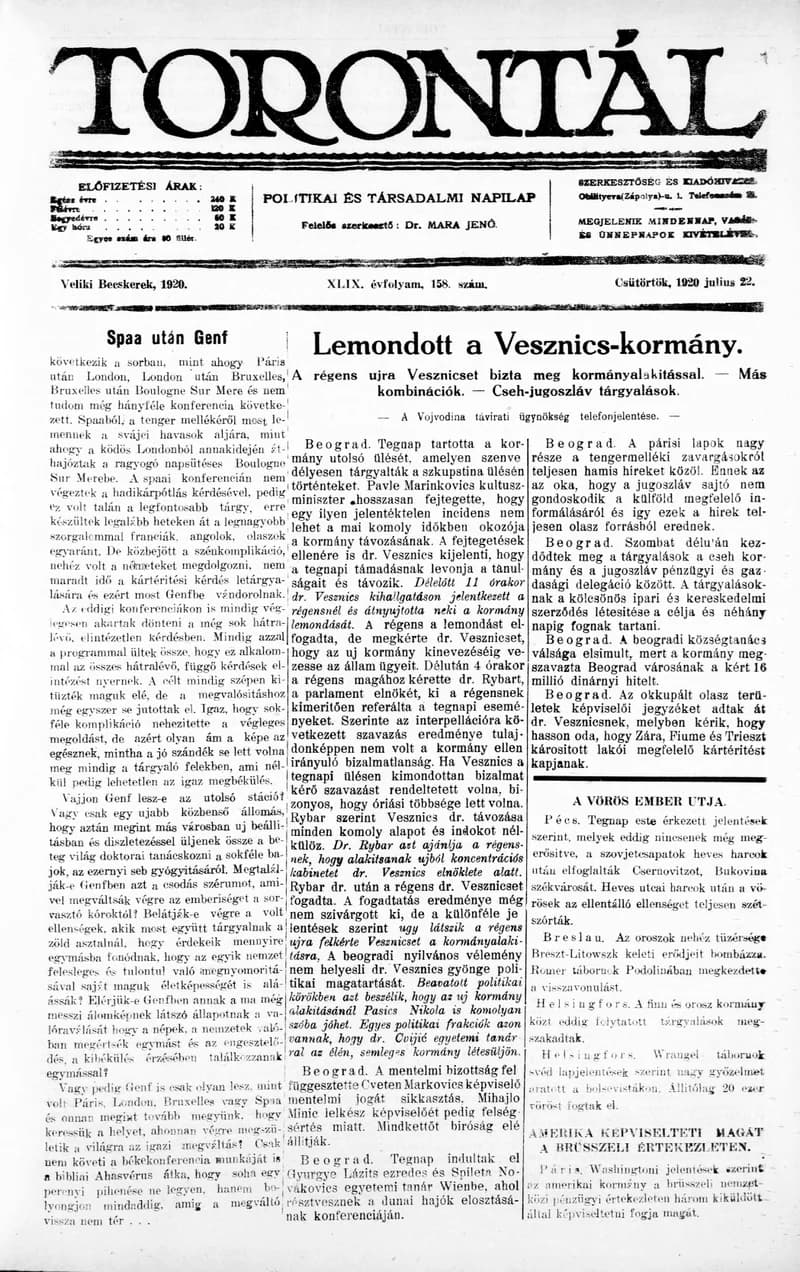 Torontál, 49. évf. 1920. július 22. 158. sz.