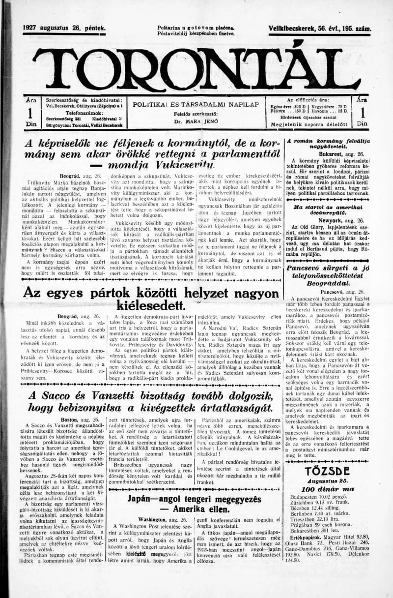 Torontál, 56. évf. 1927. augusztus 26. 195. sz.
