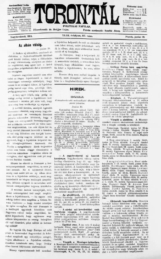 Torontál, 43. évf. 1914. június 19. 137. sz.