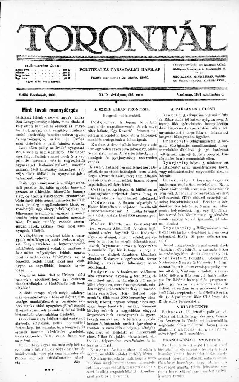 Torontál, 49. évf. 1920. szeptember 5. 195. sz.