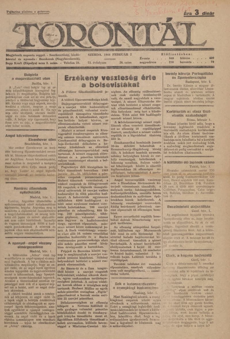 Torontál, 73. évf. 1944. február 2. 26. sz.