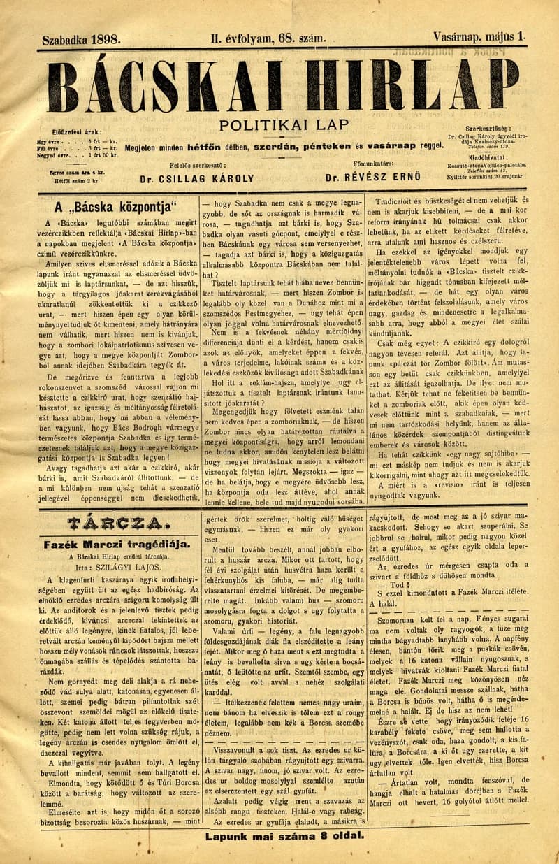 Bácskai Hirlap, 2. évf. 1898. május 1. 68. sz. 1–8. oldal