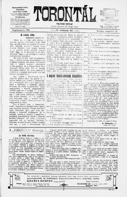 Torontál, 34. évf. 1905. szeptember 23. 217. sz.