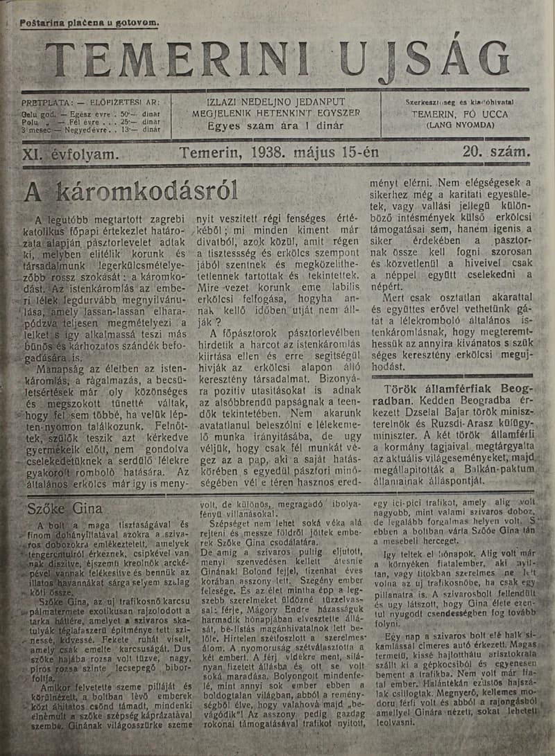 Temerini Újság 1928-1944, 11. évf. 1938. május 15. 20. sz.