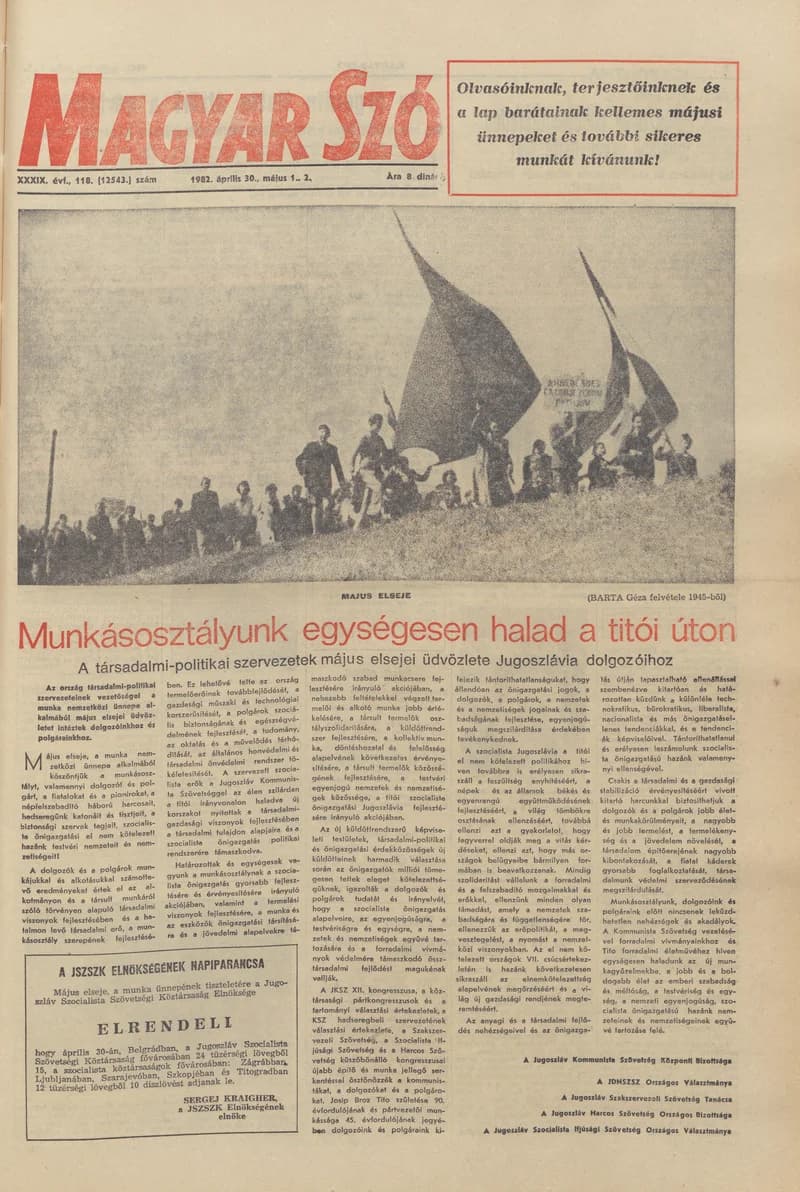Magyar Szó, 39. évf. 1982. április 30. – május 2. 118. sz. 1–36. oldal