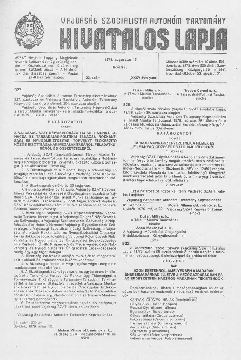 Vajdaság Szocialista Autonóm Tartomány Hivatalos Lapja, 35. évf. 1979. augusztus 17. 22. sz. 1049–1060. oldal