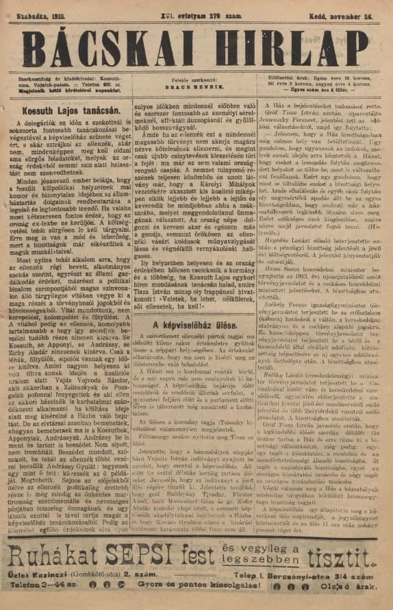 Bácskai Hirlap, 16. évf. 1912. november 26. 270. sz.