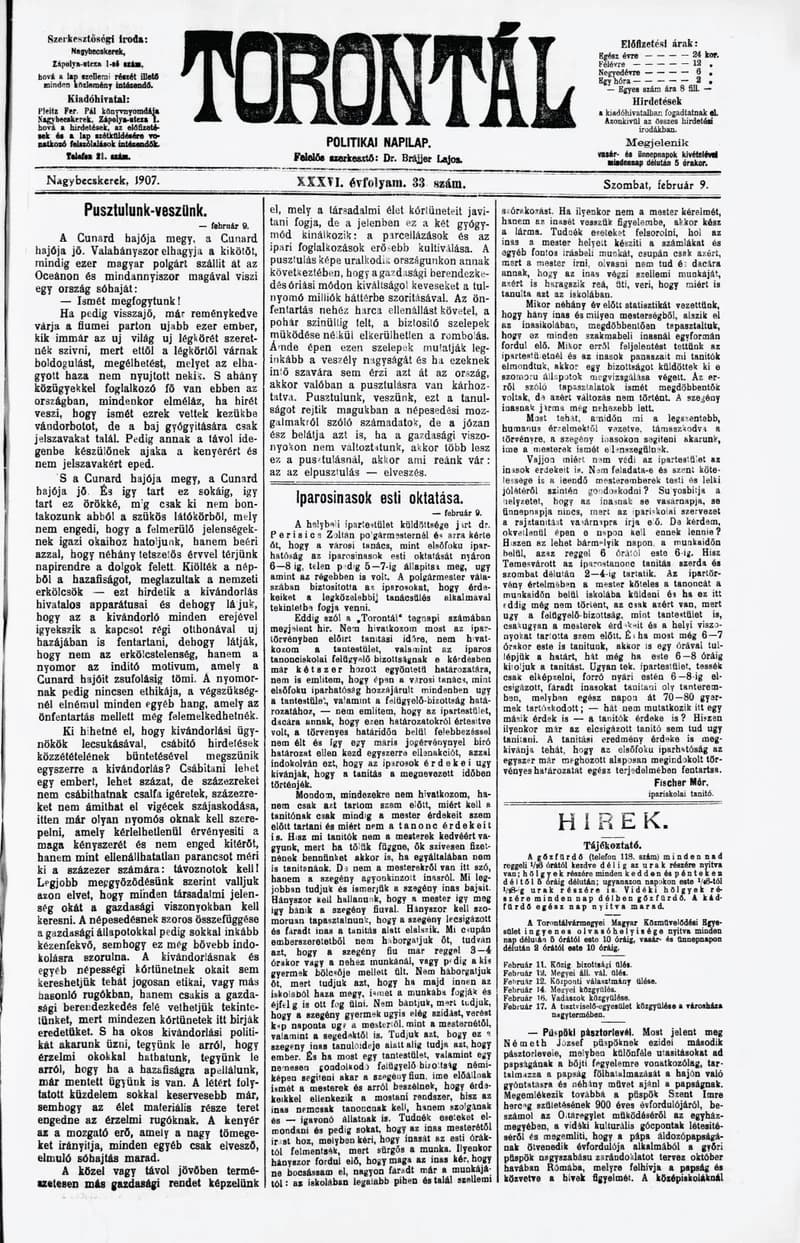 Torontál, 36. évf. 1907. február 9. 33. sz.