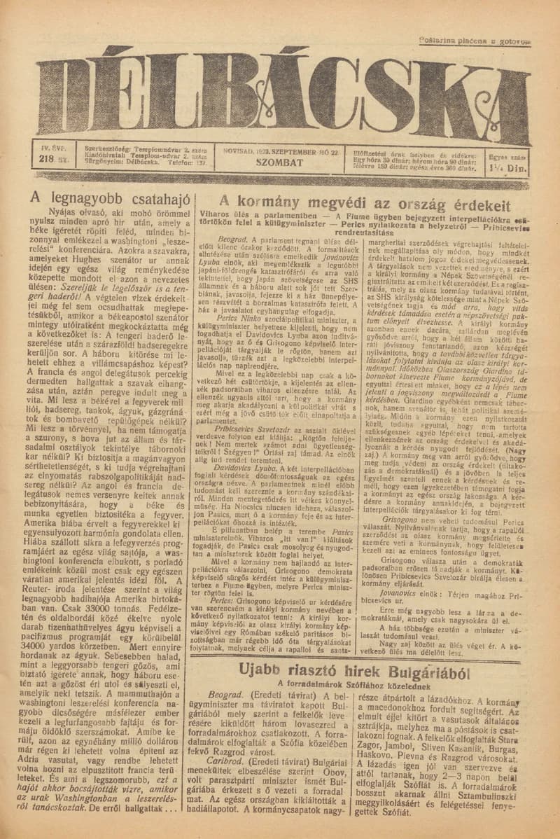 Délbácska, 4. évf. 1923. szeptember 22. 218. sz.